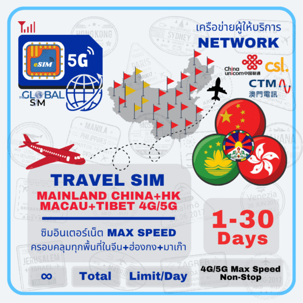 The Global SIM eSIM จีน ฮ่องกง มาเก๊า ทิเบต China Hong Kong Macau Tibet eSIM