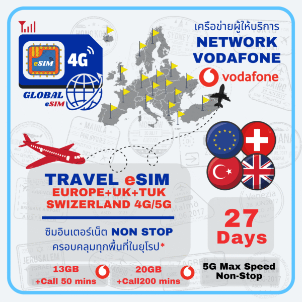 EU, SWZ, TUK& UK eSIM Vodafone + Call